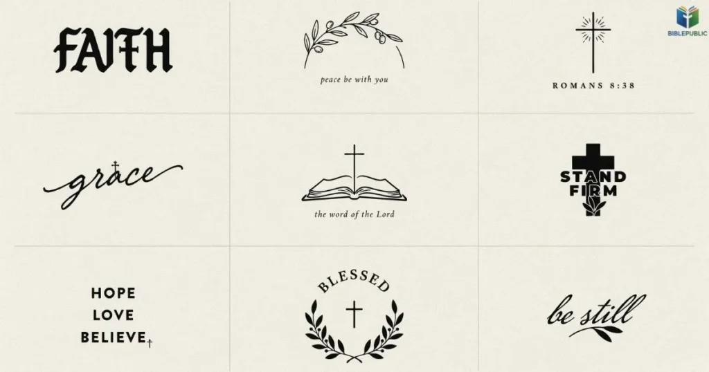 Bible Verse Tattoos for Men featuring lettering styles, crosses, and minimalist Scripture designs