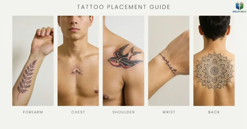 Popular scripture tattoo placements for men on forearm, chest, shoulder, and wrist