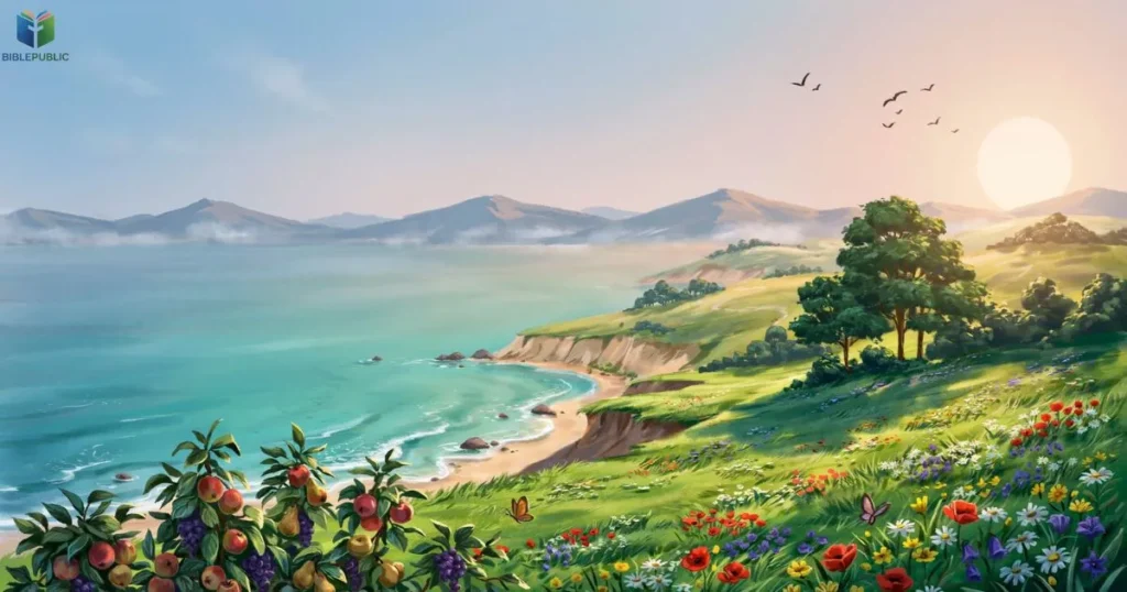 The Seven Days of Creation Day 3 with land, seas, and plants created by God