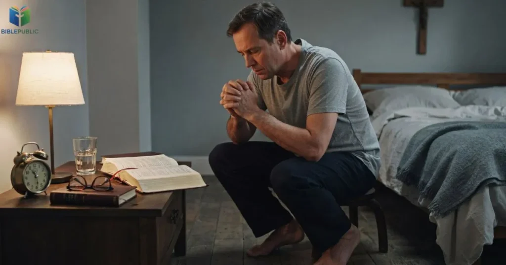 Watchful nighttime prayer with an open Bible and faithful Christian devotion