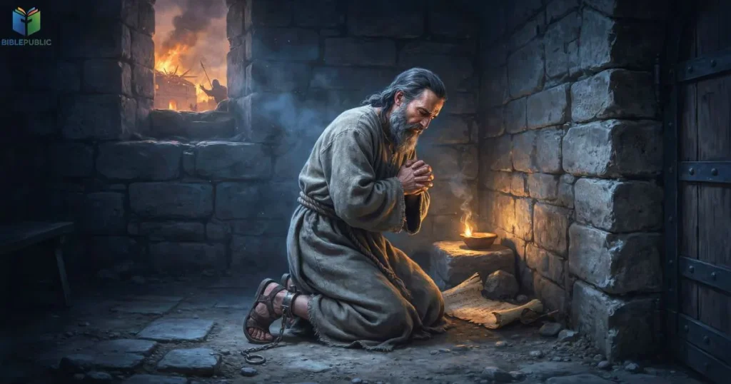 Jeremiah praying during Babylonian siege as God reveals His purposes and promises