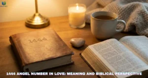 1444 Angel Number in Love represented by a journal, heart symbol, and open Bible.