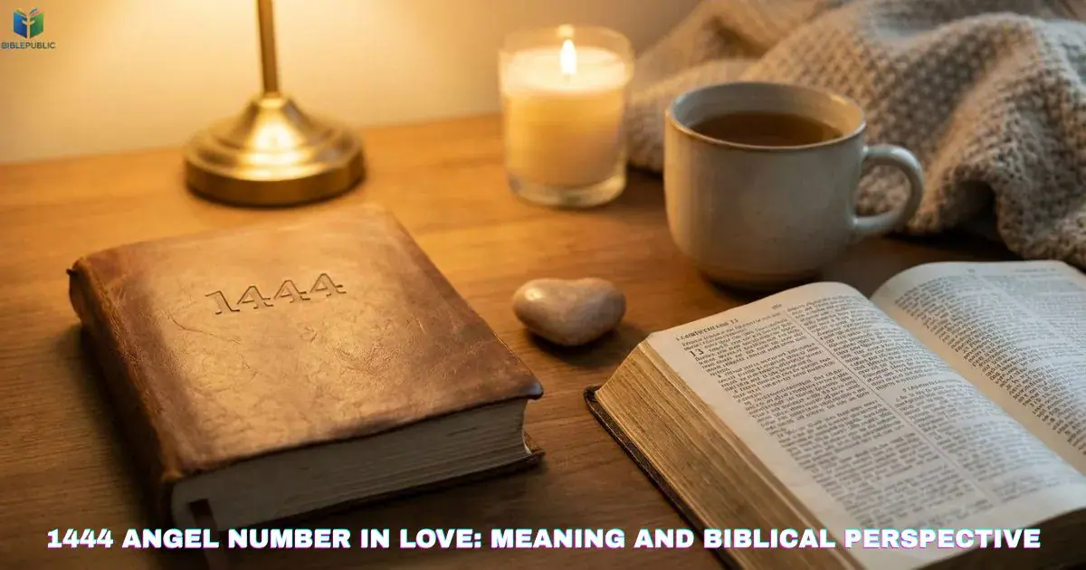 1444 Angel Number in Love represented by a journal, heart symbol, and open Bible.