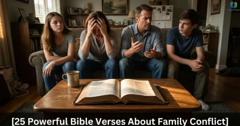 Bible Verses About Family Conflict with an open Bible near a family facing disagreement.