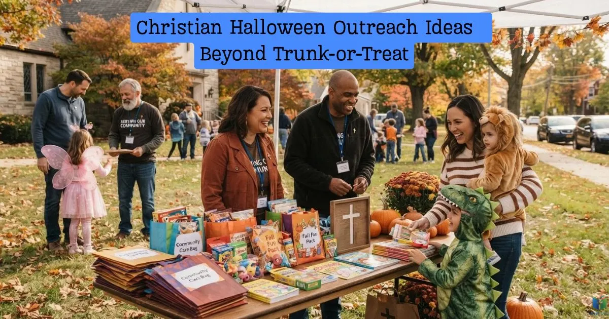 Christian Halloween Outreach Ideas with church volunteers sharing care bags and welcoming families at a community event.