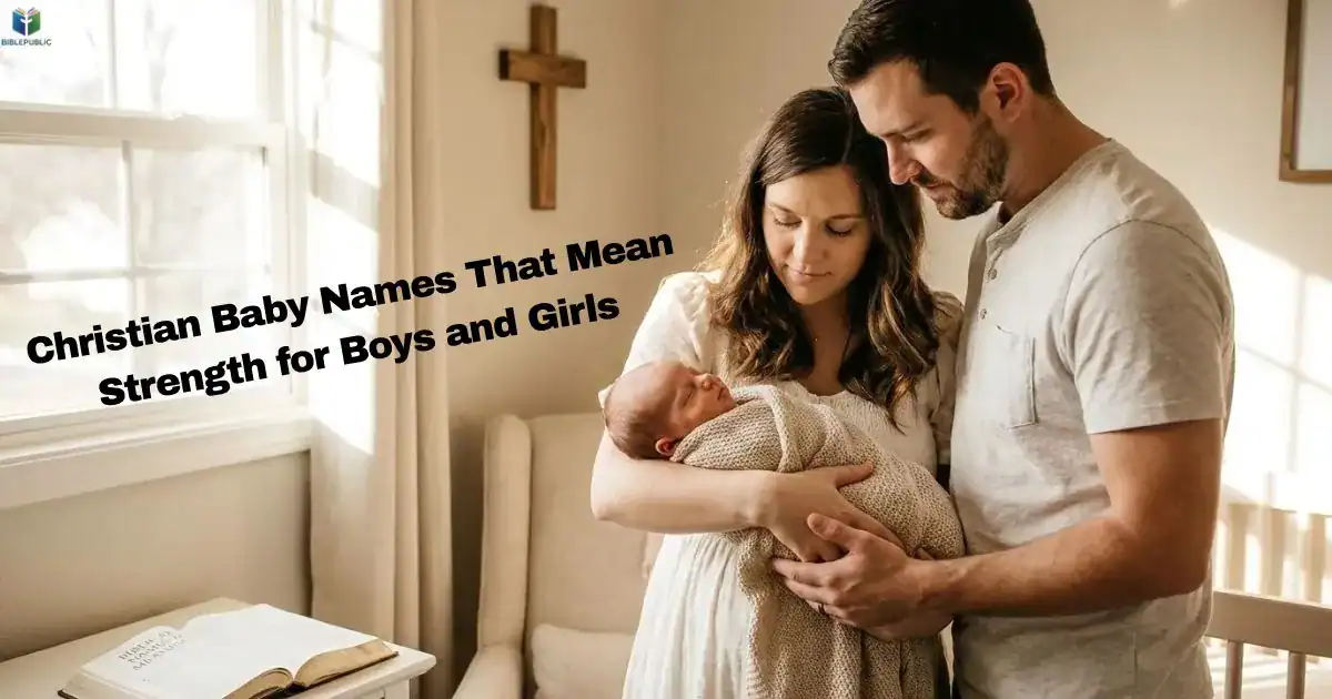 Christian Baby Names That Mean Strength for boys and girls, with parents holding their newborn.