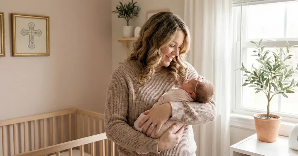 Mother holding her newborn daughter while choosing a meaningful name inspired by strength.