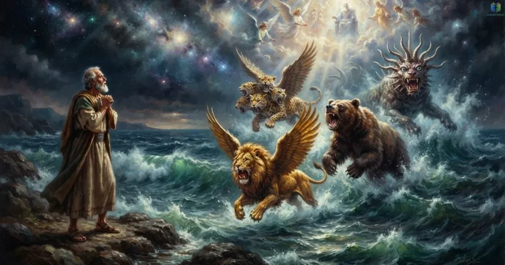 Daniel witnesses four symbolic beasts in a prophetic vision described in Daniel 7.