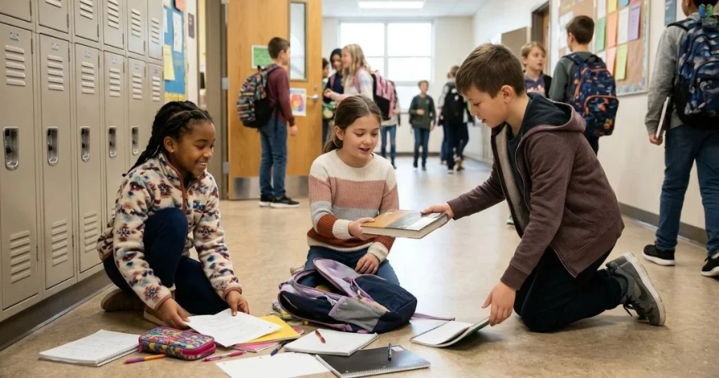 Children help a classmate pick up school supplies, showing kindness in everyday life.