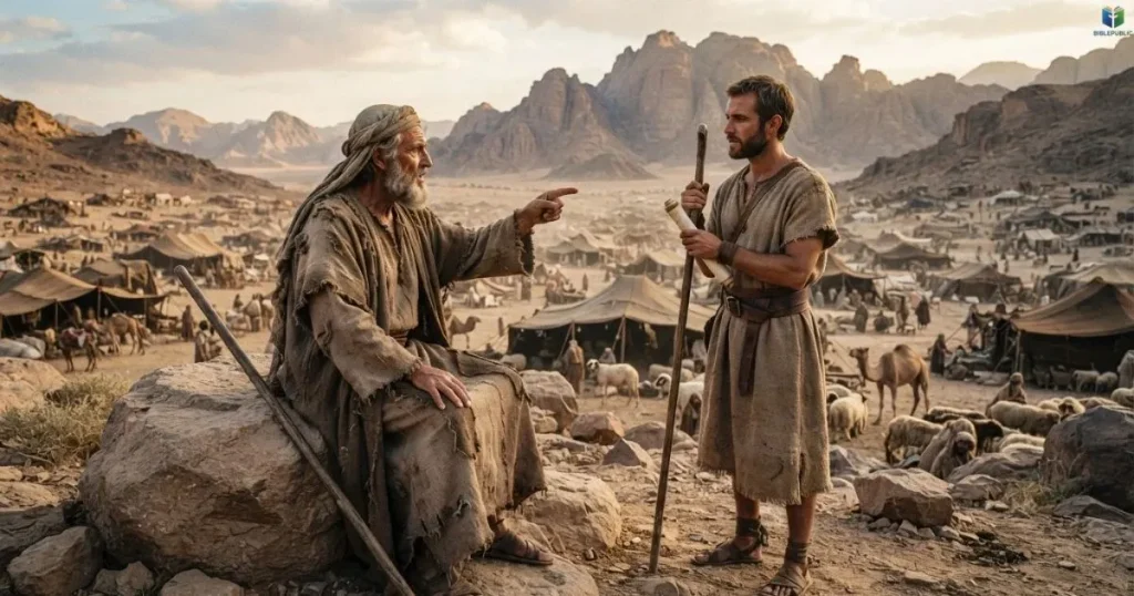 Moses speaks with Joshua in the wilderness during Israel’s journey toward the Promised Land.
