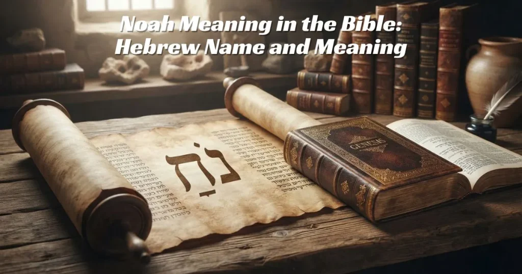 Hebrew name Noah beside an open Bible showing Genesis 5:29 and its connection to rest.