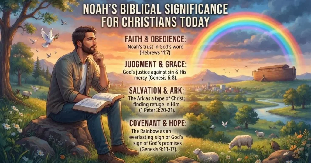 Open Bible showing Hebrews 11:7 beside an illustration of Noah and the ark.