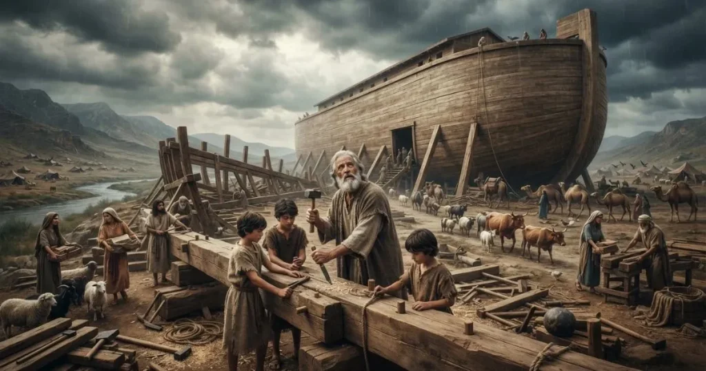 Noah building the wooden ark as an illustration of his faith and obedience to God