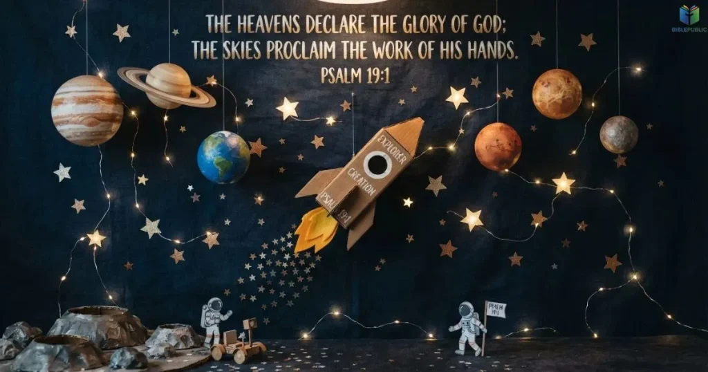 Space exploration trunk display with paper planets, a cardboard rocket, and stars