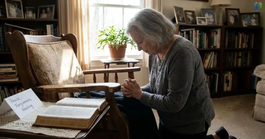 Christian praying beside an open Bible for peace and family unity.