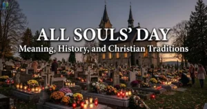 All Souls’ Day remembrance with candles and flowers placed beside graves in a peaceful cemetery