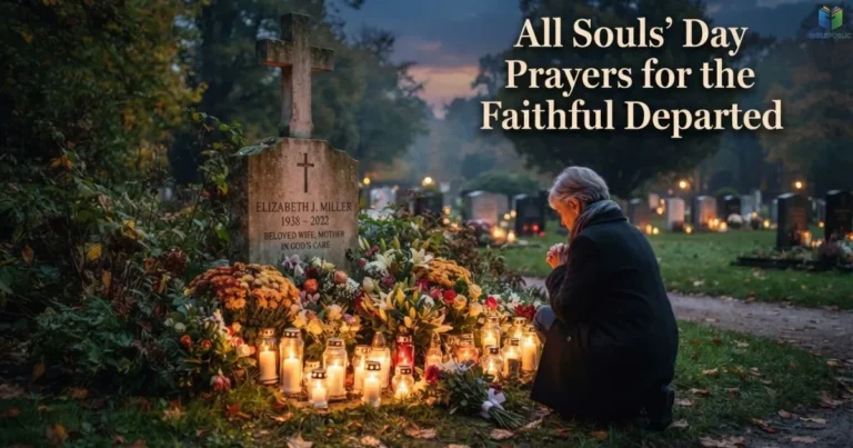 All Souls’ Day Prayers beside a grave with candles and flowers honoring departed loved ones