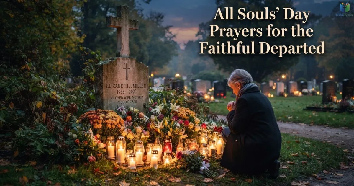 All Souls’ Day Prayers beside a grave with candles and flowers honoring departed loved ones