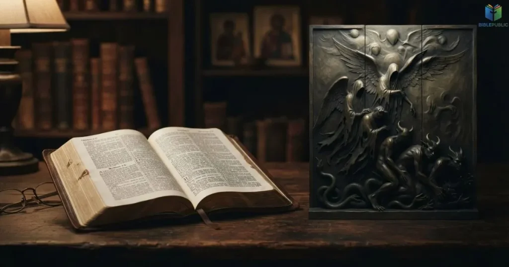 Open Bible beside symbolic shadows representing demons and spiritual opposition.