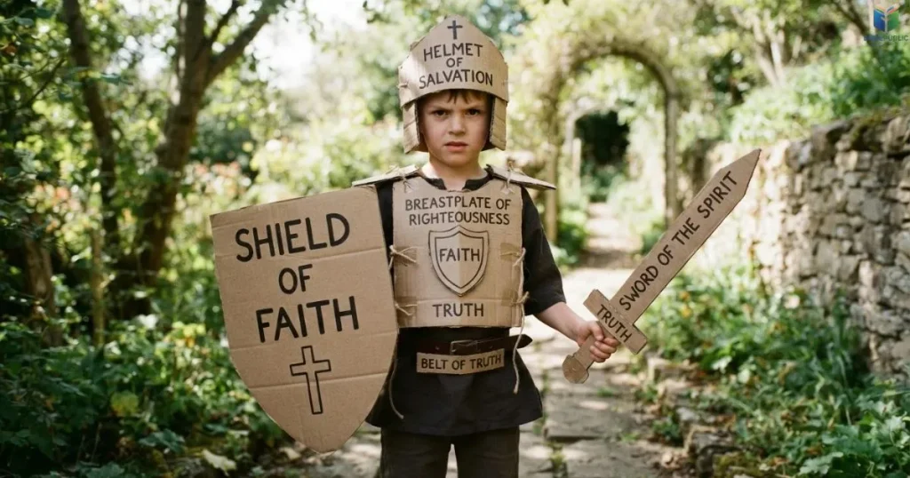 Armor of God display with cardboard shield, helmet, breastplate, and faith labels