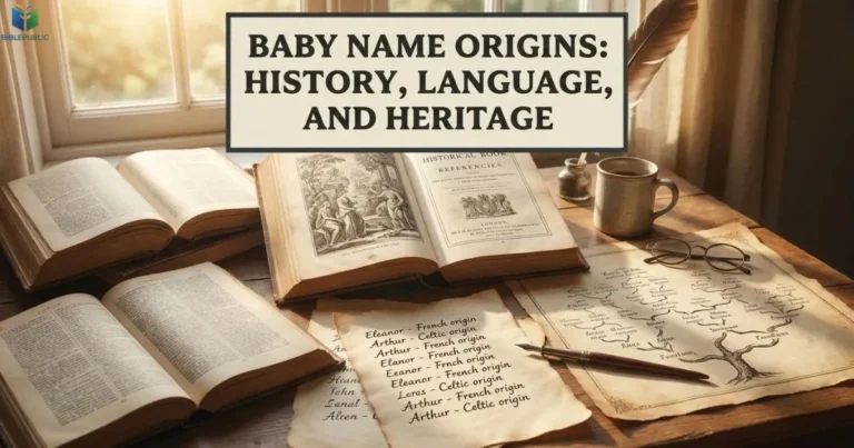 Baby Name Origins explored through historical books, handwritten names, and family heritage records.