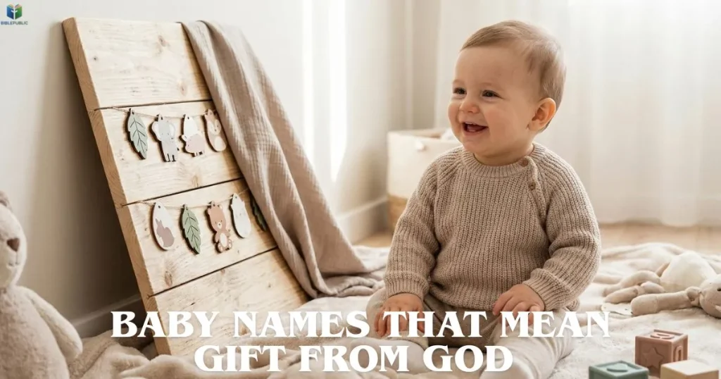 Smiling baby boy beside a name board featuring Christian boy names with meaningful origins.