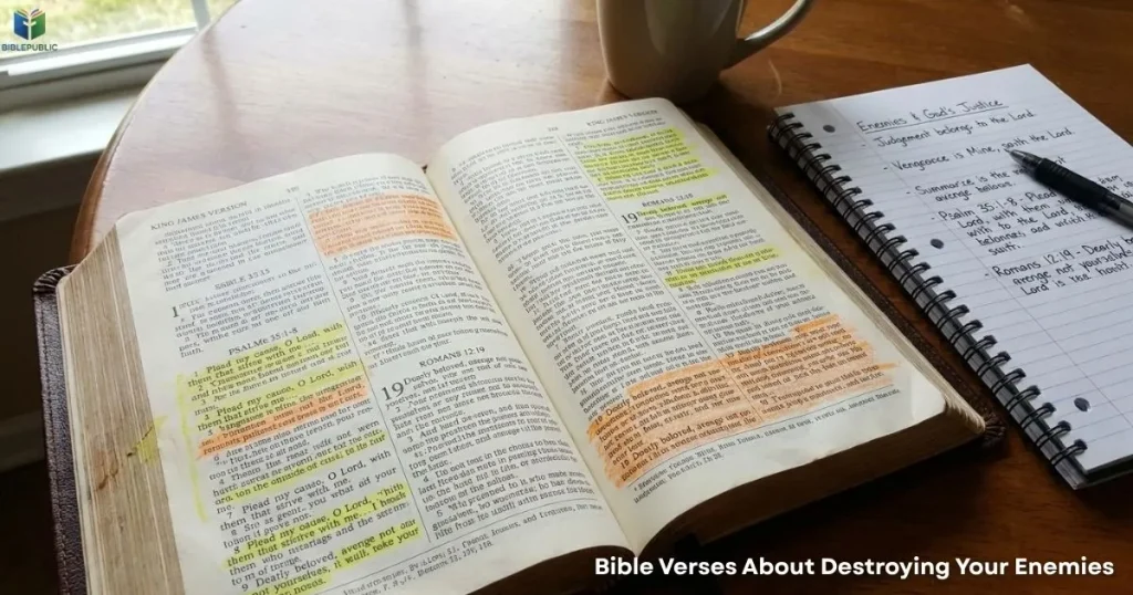 Bible verses about destroying enemies with an open KJV Bible and study notes
