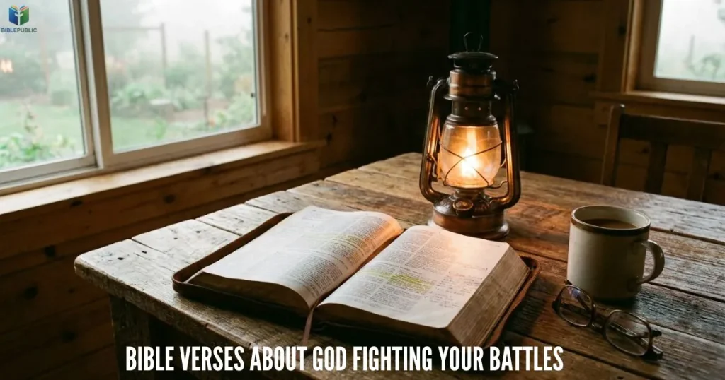 Bible Verses About God Fighting Your Battles studied in an open Bible by warm sunlight