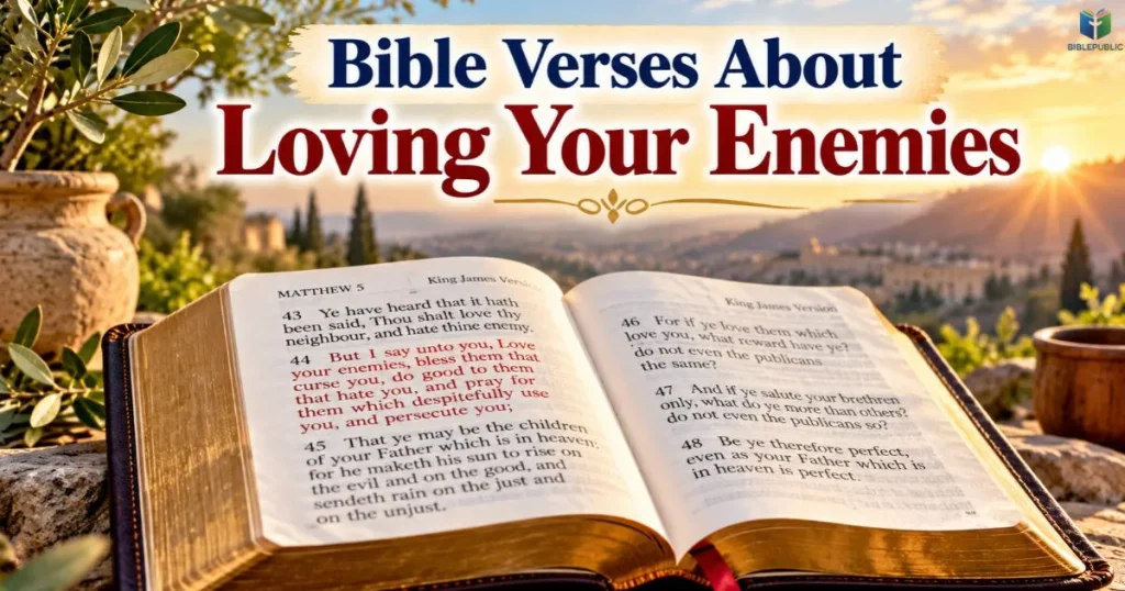 Bible Verses About Loving Your Enemies in an open Bible with soft light