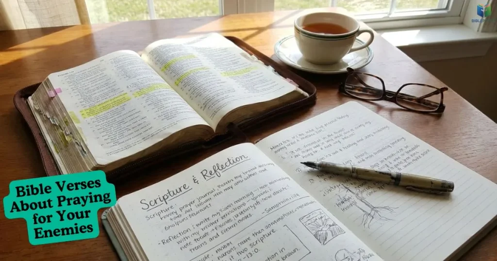 Open Bible and prayer journal illustrating Bible Verses About Praying for Your Enemies and Their Meaning.