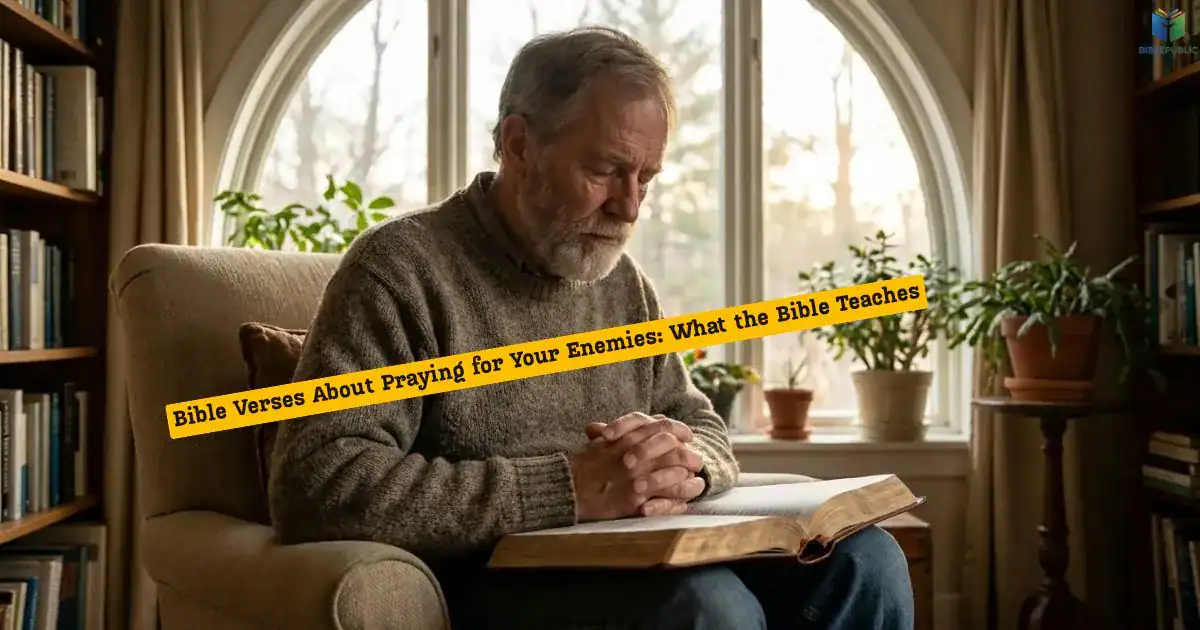Christian praying over an open Bible, reflecting on Bible Verses About Praying for Your Enemies.