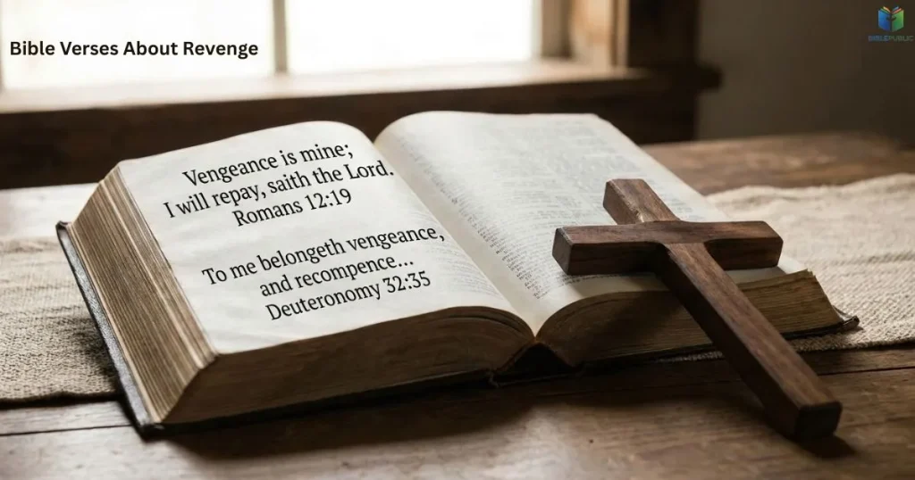 Open Bible showing verses about revenge, vengeance, mercy, and God's judgment