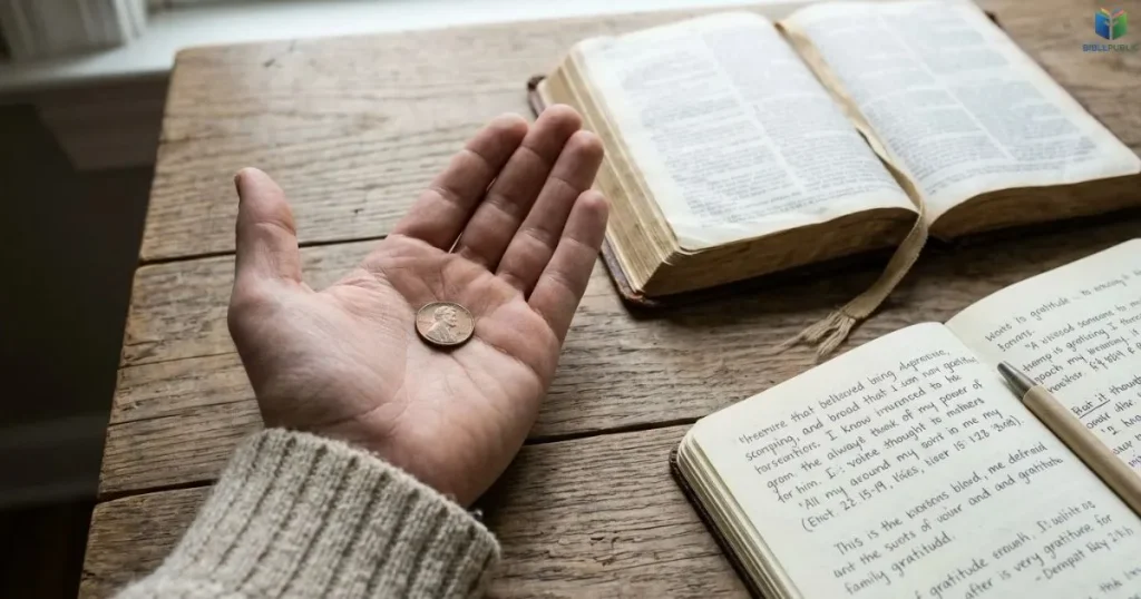 A penny in an open palm beside a Bible and journal for reflecting on biblical lessons.