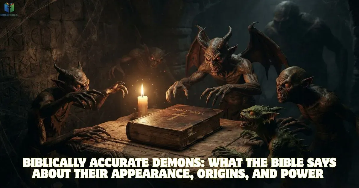 Biblically Accurate Demons explored through an open Bible and a dark, atmospheric setting.