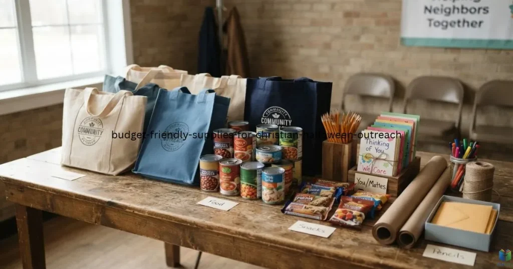 Affordable outreach supplies include reusable bags, canned food, craft materials, and Scripture cards.