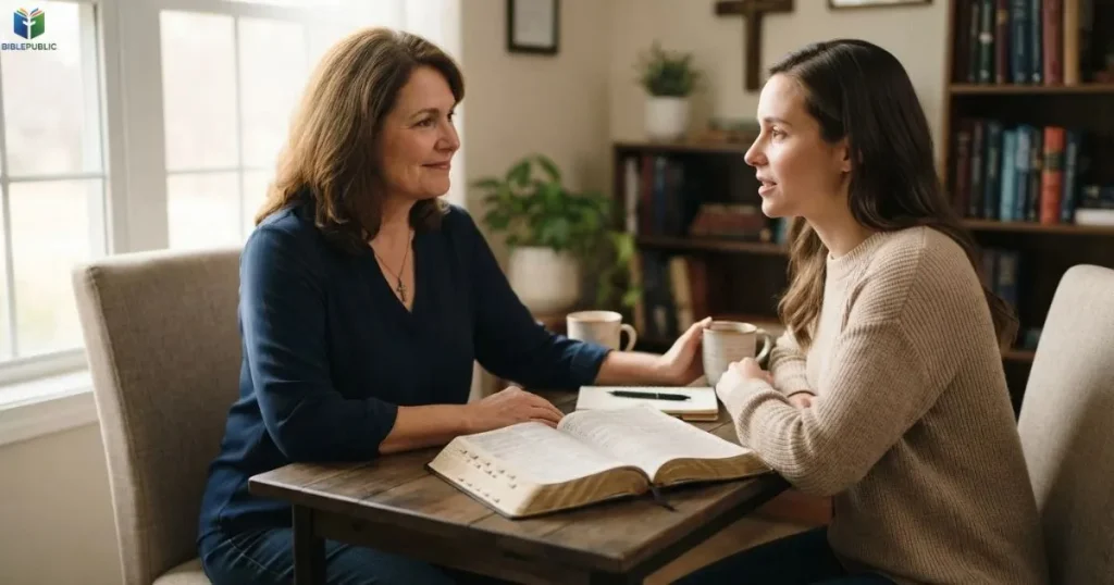 Two people discussing Scripture in a pastoral setting, representing Christian perspectives on possession.