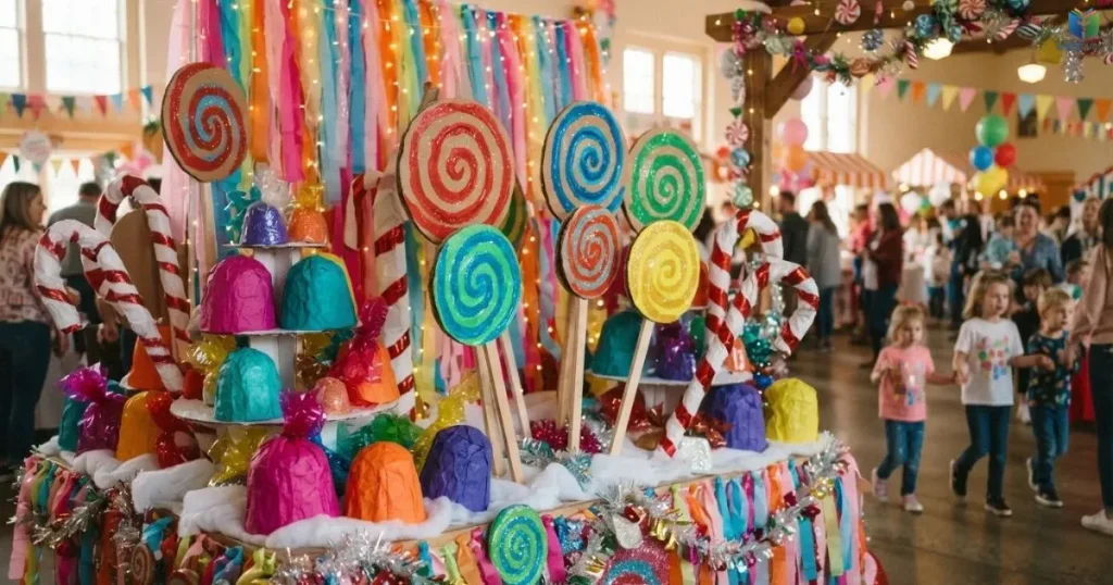 Candy-themed trunk display with oversized lollipops, paper gumdrops, and bright streamers