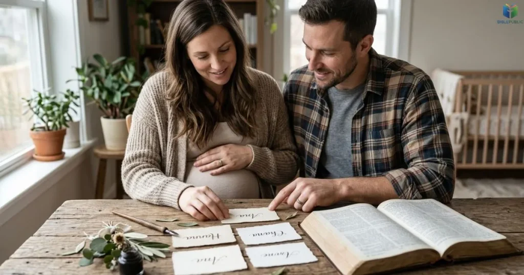 Expectant parents comparing baby name cards beside an open Bible while choosing a meaningful name.