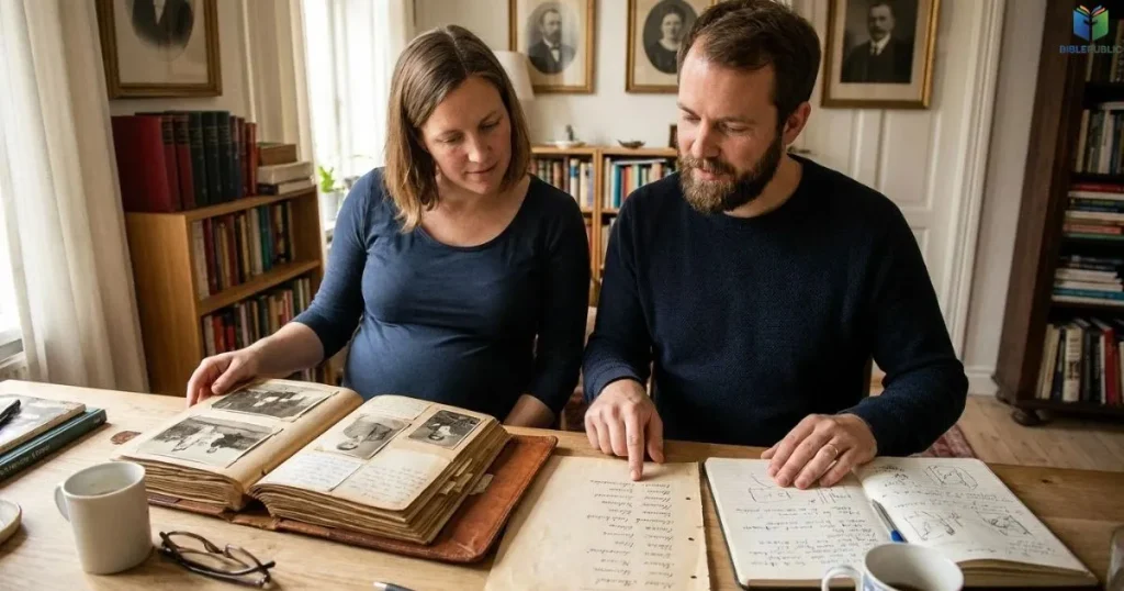 Expectant parents compare baby names with family records while exploring their heritage.