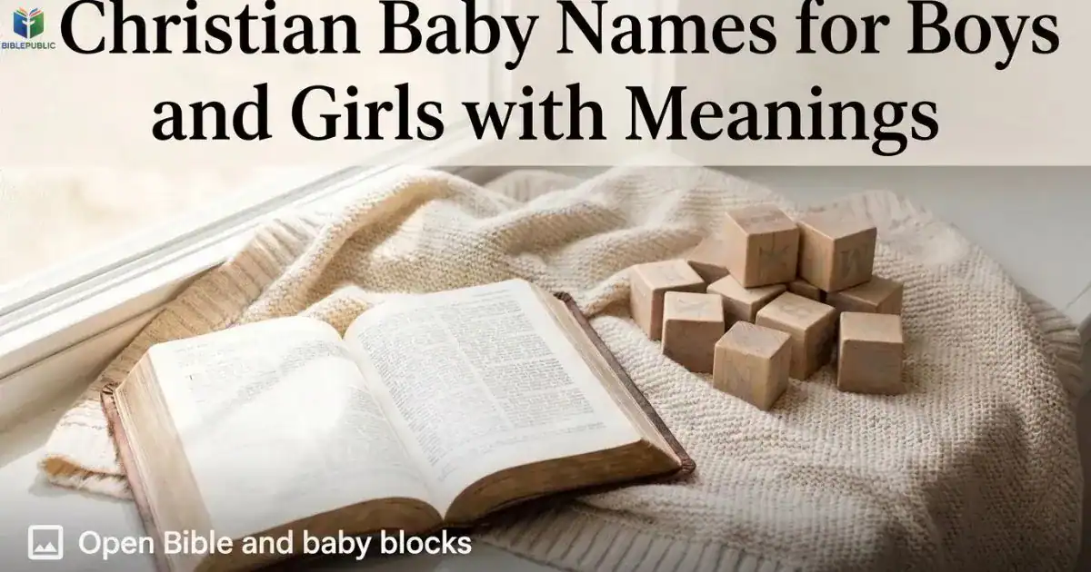 Christian Baby Names for boys and girls represented by baby name blocks beside an open Bible.