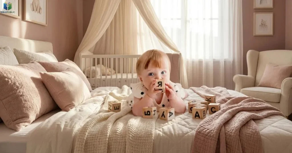 Wooden alphabet blocks in a baby girl nursery representing meaningful name choices for girls.