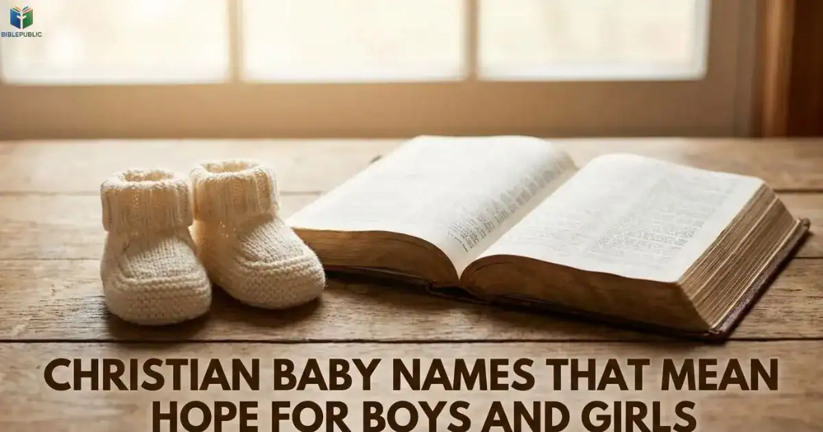 Christian Baby Names That Mean Hope with baby shoes beside an open Bible