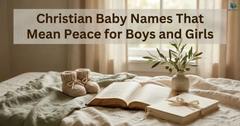 Christian Baby Names That Mean Peace represented by baby shoes, an open Bible, and an olive branch.
