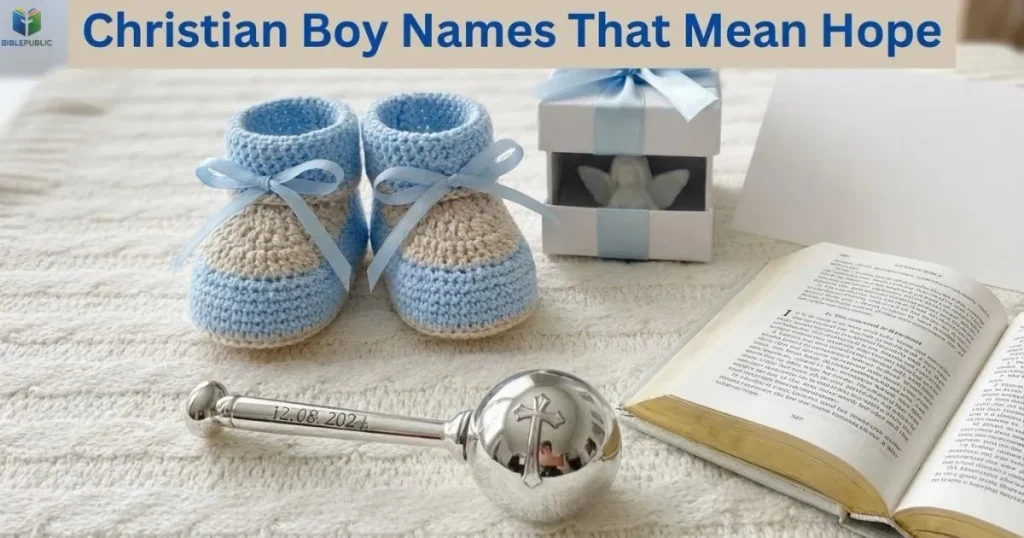 Baby boy shoes beside an open Bible for a Christian baby name guide