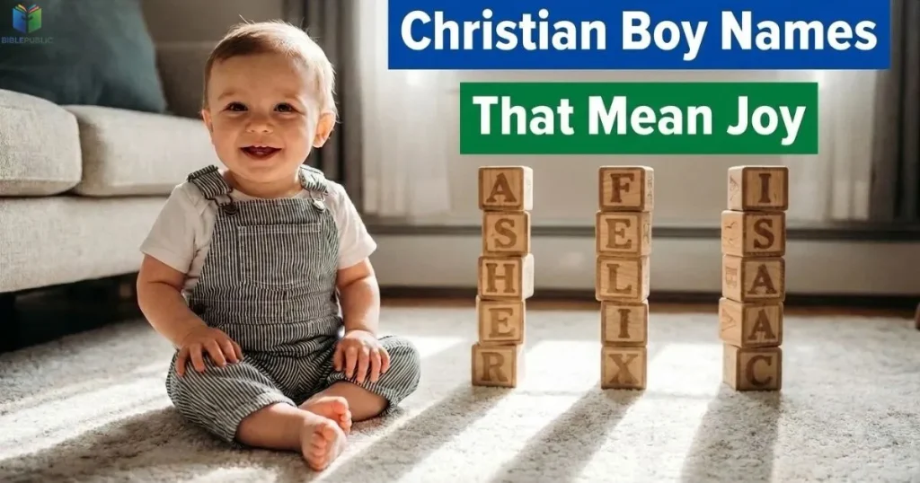 Smiling baby boy beside wooden name blocks labeled Asher, Felix, and Isaac.