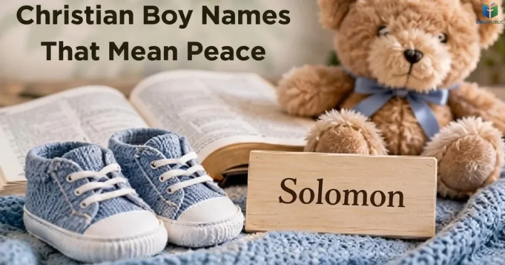  Baby boy shoes beside an open Bible and a name card featuring Solomon.