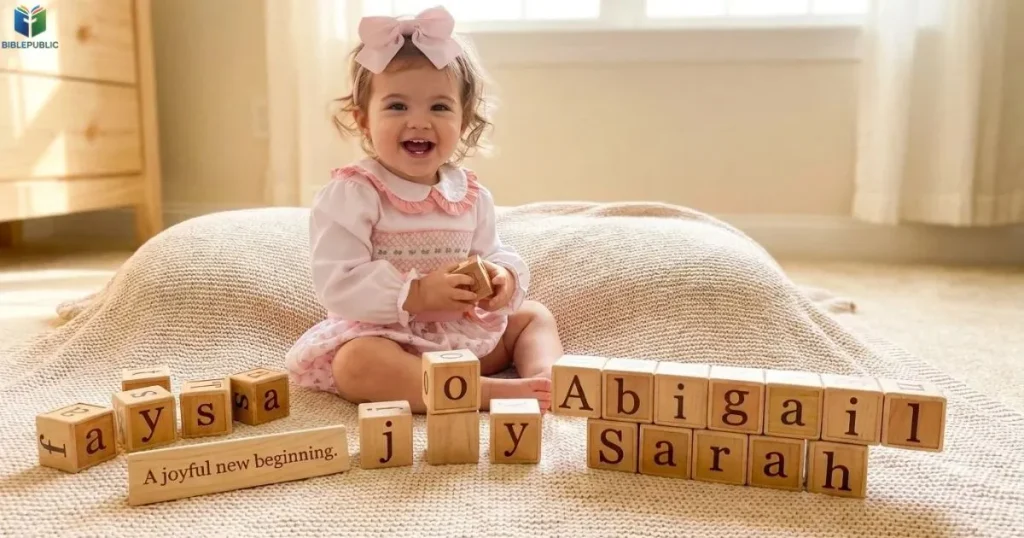 Smiling baby girl beside wooden name blocks labeled Joy, Abigail, and Sarah.