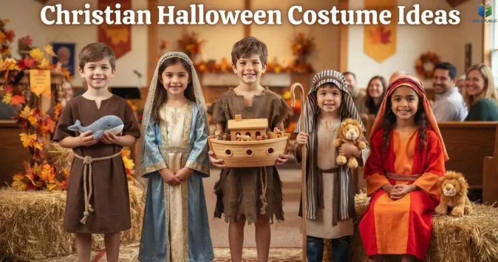 Children dressed as Noah, David, Esther, Daniel, and Jonah in simple Bible character costumes