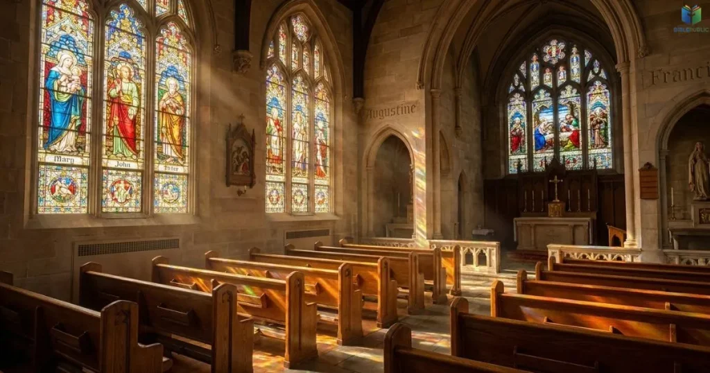 Sunlight through stained-glass windows in a historic church representing Christian naming traditions.
