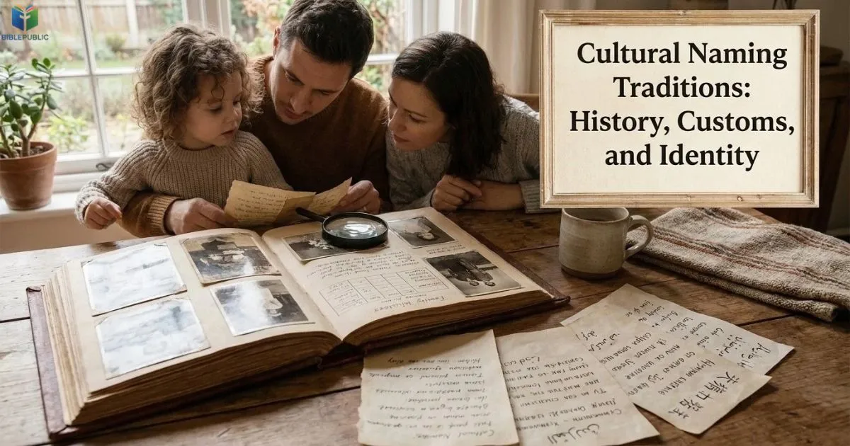 Cultural Naming Traditions explored through family history notes and names in different scripts.